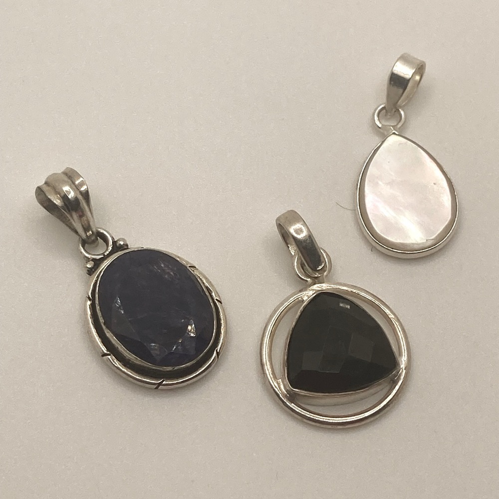 X3 Vtg Gemstone Pendants Silver Tone Metal MOP / Onyx & Blue Stone